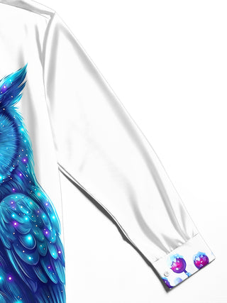 Adaychic Men's Graphic Blue Owl With Snowy Berries Print Long Sleeve Shirt with Chest Pocket