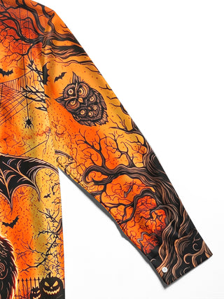 Adaychic Men's Halloween Black Cat With Bats And Castle Print Long Sleeve Shirt with Chest Pocket