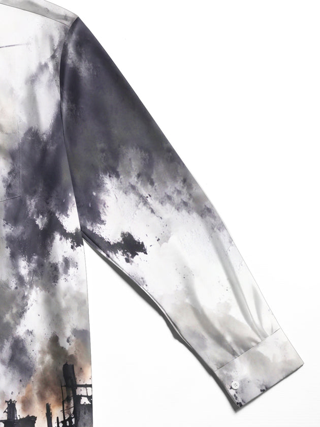 Adaychic Men's Long Sleeve Shirt - Soldier With Rocket Launcher And Helicopters In Warzone Print with Chest Pocket