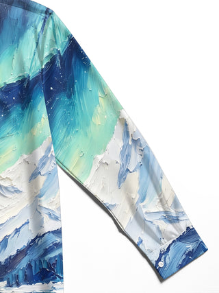 Adaychic Men's Aurora Borealis And Snowy Mountains Print Long Sleeve Shirt with Chest Pocket