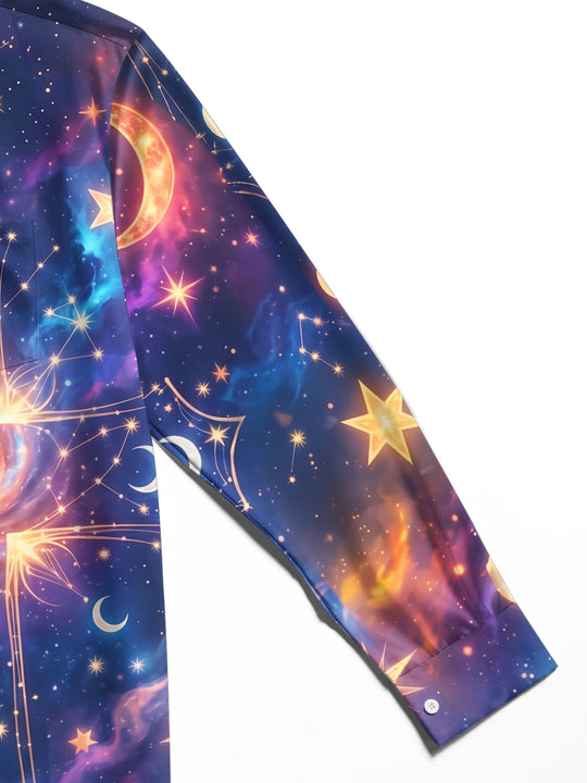 Adaychic Men's Galaxy Cross With Stars And Moons Print Long Sleeve Shirt with Chest Pocket