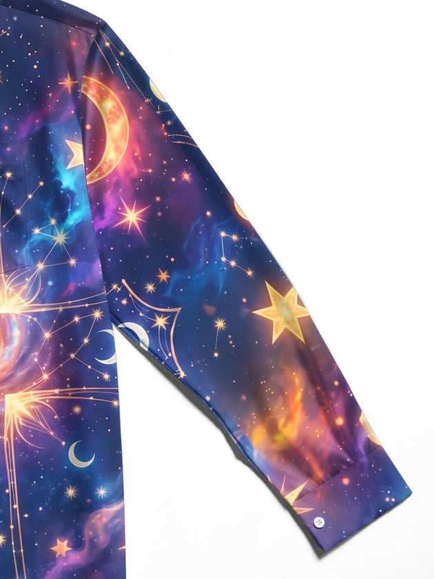 Adaychic Men's Galaxy Cross With Stars And Moons Print Long Sleeve Shirt with Chest Pocket