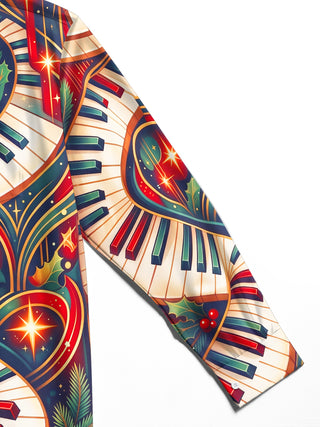 Adaychic Men's Long Sleeve Shirt - Christmas Holly And Berries Print Piano Keyboard And Musical Notes Print with Chest Pocket