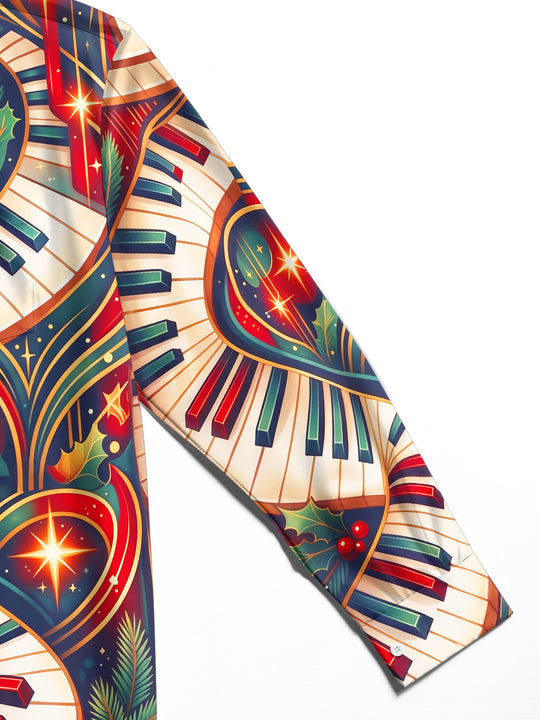 Adaychic Men's Long Sleeve Shirt - Christmas Holly And Berries Print Piano Keyboard And Musical Notes Print with Chest Pocket