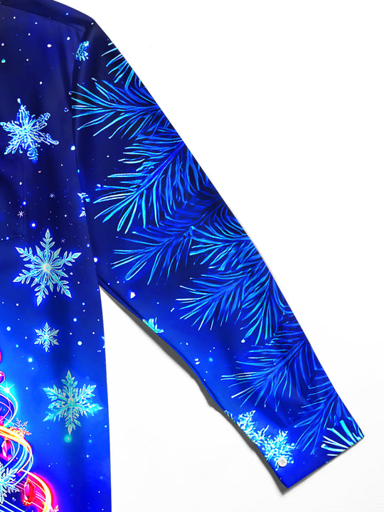 Adaychic Men's Long Sleeve Shirt - Neon Light Spiral Christmas Tree With Ornaments Print with Chest Pocket