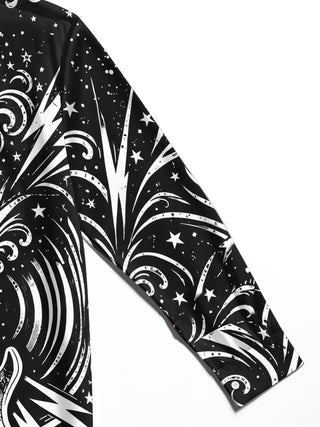 Adaychic Men's Bass Guitar With Stars And Lightning Print Long Sleeve Shirt with Chest Pocket