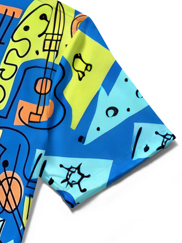 Adaychic Men's Graphic Abstract Geometric Guitar Print Short Sleeve Shirt with Chest Pocket