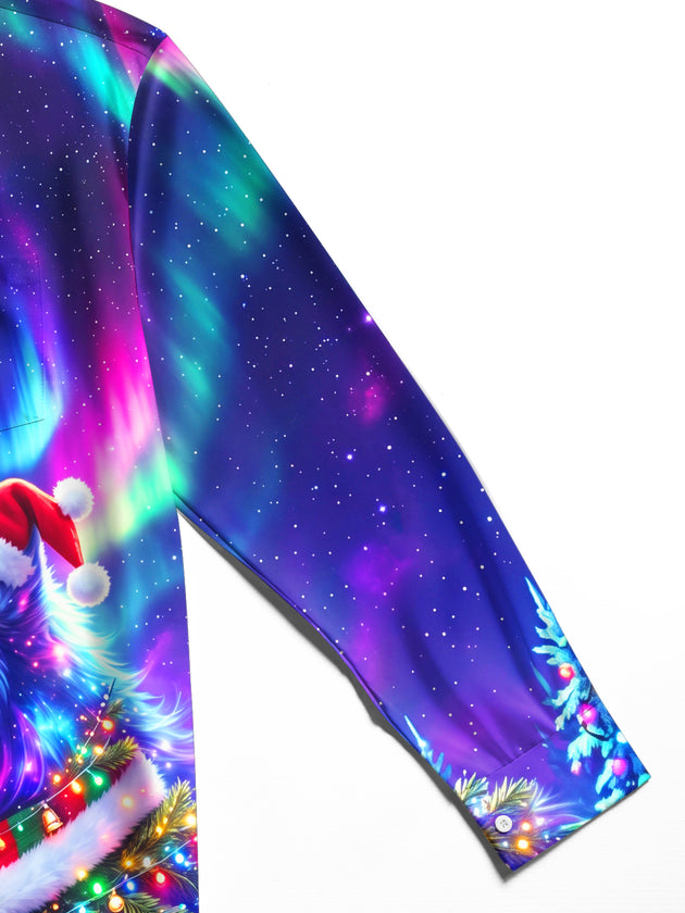 Adaychic Men's Wolf With Santa Hat And Christmas Scarf Print Long Sleeve Shirt with Chest Pocket