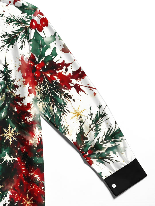 Adaychic Men's Watercolor Christmas Tree And Snowflakes Print Long Sleeve Shirt with Chest Pocket