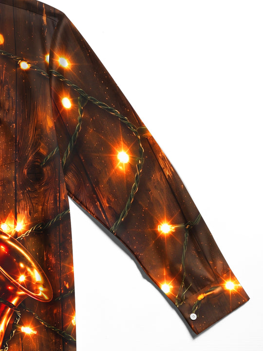 Adaychic Men's Saxophone And Christmas Light String Print Long Sleeve Shirt with Chest Pocket