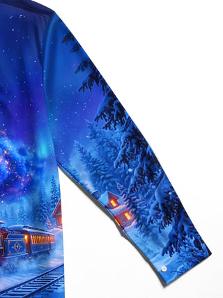 Adaychic Men's Graphic Vintage Train In Winter Forest Print Long Sleeve Shirt with Chest Pocket