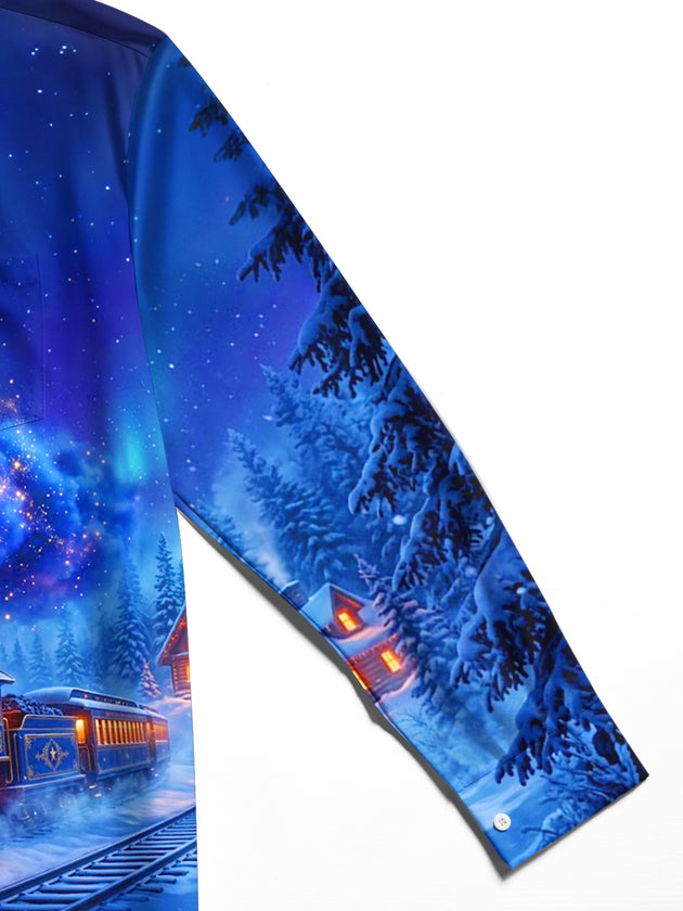 Adaychic Men's Graphic Vintage Train In Winter Forest Print Long Sleeve Shirt with Chest Pocket