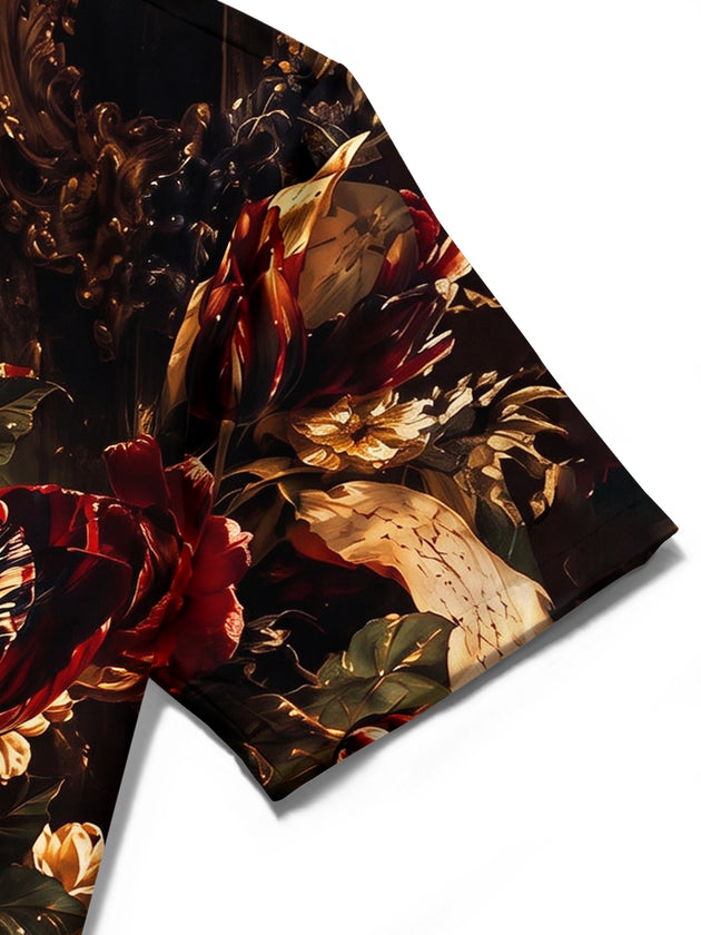 Adaychic Men's Vintage Style Dark Floral Bouquet Print Short Sleeve Shirt with Chest Pocket