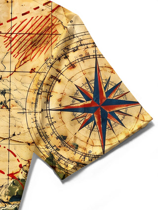 Adaychic Men's Short Sleeve Shirt - Vintage Map With Compass Rose And Topography Print with Chest Pocket