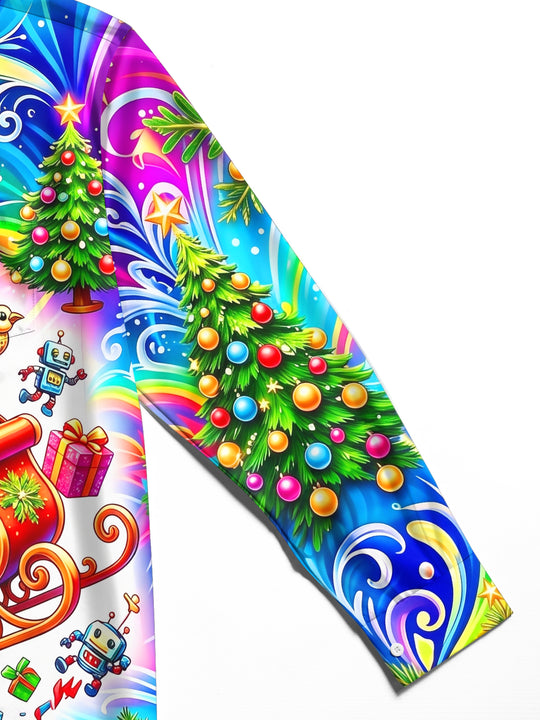 Adaychic Men's Graphic Christmas Cat In Rocket Sleigh Print Long Sleeve Shirt with Chest Pocket