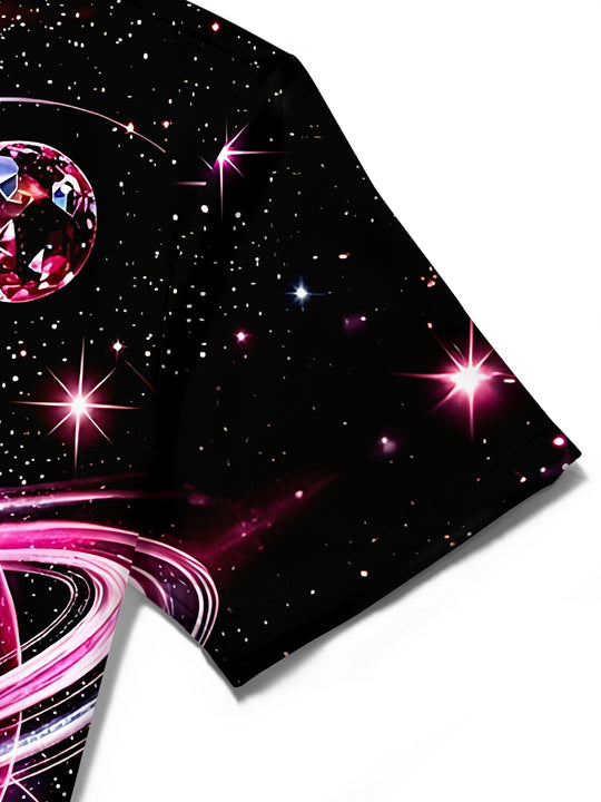 Adaychic Men's Space Galaxy With Planets And Stars Print Short Sleeve Shirt with Chest Pocket