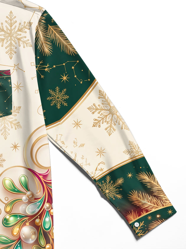 Adaychic Men's Christmas Ornaments And Snowflakes Print Long Sleeve Shirt with Chest Pocket