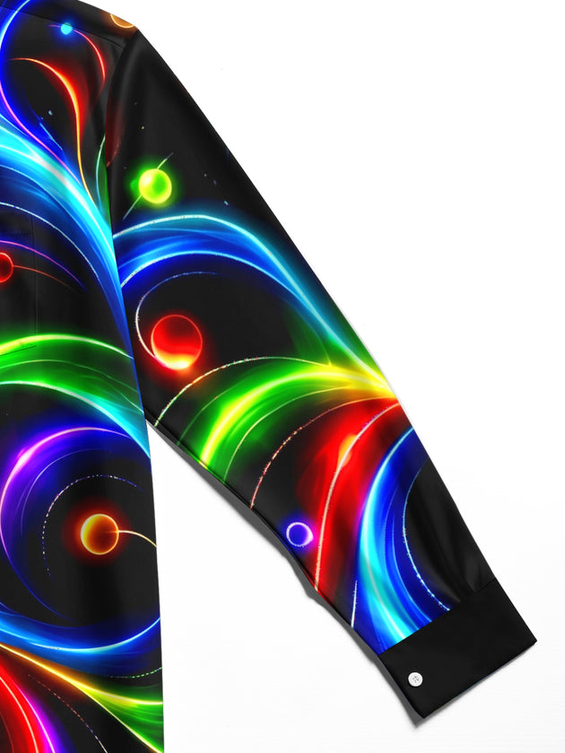 Adaychic Men's Printed Neon Abstract Swirls And Circles Print Long Sleeve Shirt with Chest Pocket