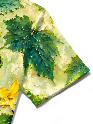 Adaychic Men's Hawaiian Cucumber And Vine Leaves Print Short Sleeve Shirt with Chest Pocket
