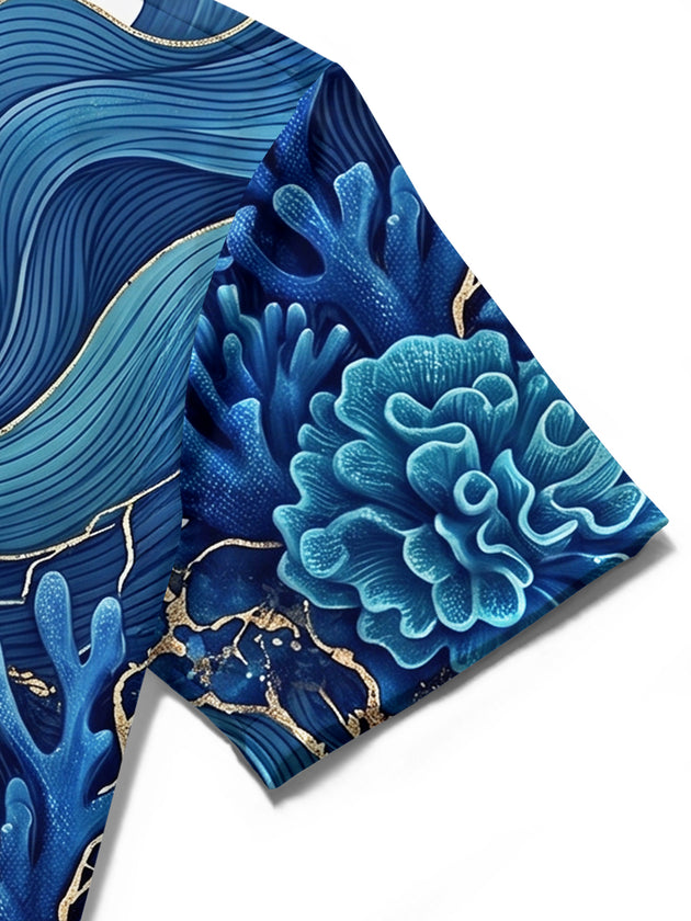 Adaychic Men's Hawaiian Ocean Wave Print Coral Reef Print Short Sleeve Shirt with Chest Pocket