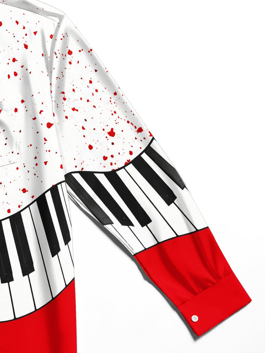 Adaychic Men's Graphic Piano Keyboard And Red Splatter Print Long Sleeve Shirt with Chest Pocket