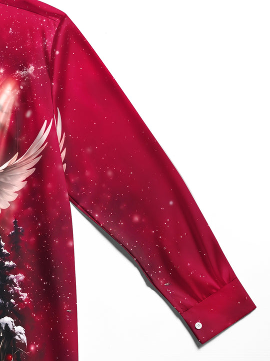 Adaychic Men's Long Sleeve Shirt - Christmas Wolf And Peace Dove With Snow And Berries Print with Chest Pocket