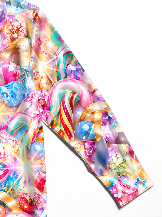 Adaychic Men's Christmas Candy Canes And Lollipops Print Long Sleeve Shirt with Chest Pocket
