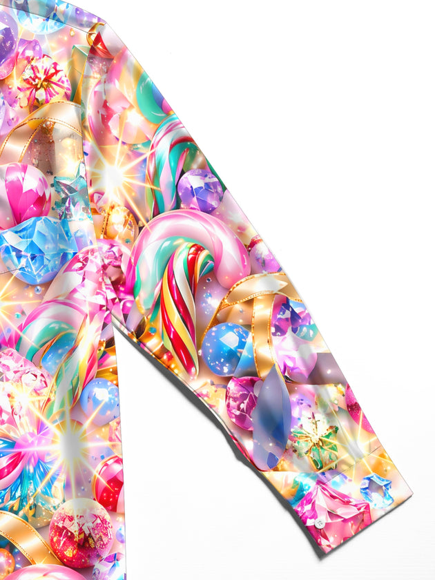 Adaychic Men's Christmas Candy Canes And Lollipops Print Long Sleeve Shirt with Chest Pocket