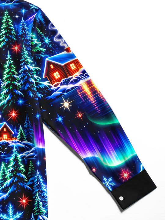 Adaychic Men's Long Sleeve Shirt - Aurora Borealis And Snowy Mountain Landscape Print with Chest Pocket