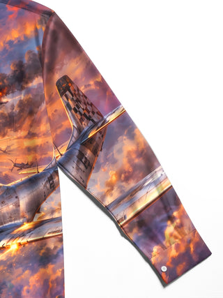 Adaychic Men's Printed Vintage Airplanes And Sunset Sky Print Long Sleeve Shirt with Chest Pocket