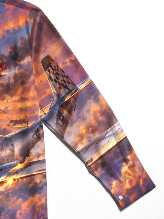 Adaychic Men's Printed Vintage Airplanes And Sunset Sky Print Long Sleeve Shirt with Chest Pocket