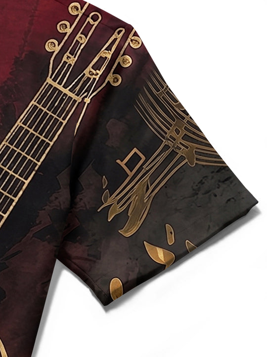Adaychic Men's Acoustic Guitar Musical Note Graphic Print Short Sleeve Button Down Shirt with Chest Pocket