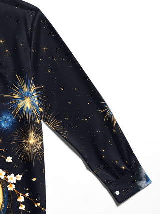 Adaychic Men's Printed Cherry Blossoms And Full Moon Print Long Sleeve Shirt with Chest Pocket