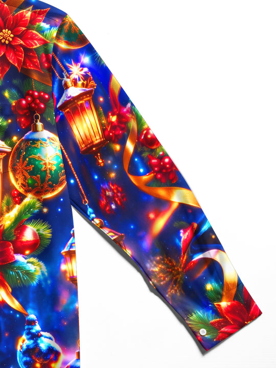 Adaychic Men's Printed Christmas Lanterns And Ornaments Print Long Sleeve Shirt with Chest Pocket