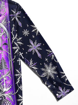 Adaychic Men's Long Sleeve Shirt - Gothic Church Window Patterns With Snowflakes And Crosses Print with Chest Pocket