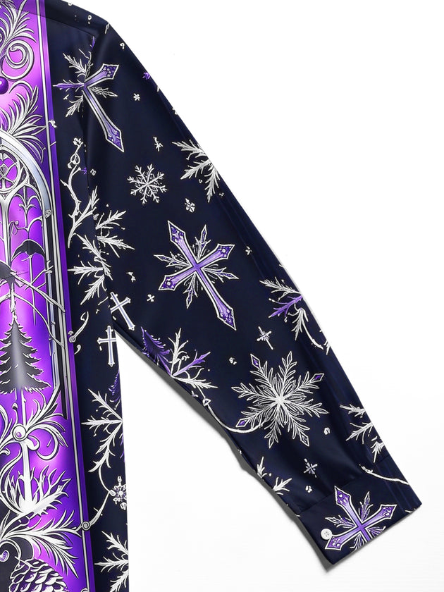 Adaychic Men's Long Sleeve Shirt - Gothic Church Window Patterns With Snowflakes And Crosses Print with Chest Pocket