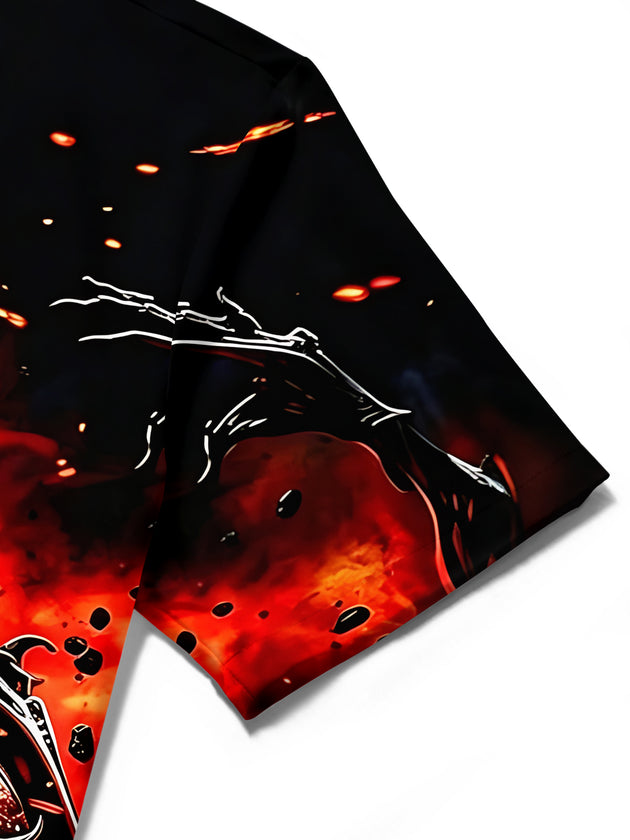 Adaychic Men's Graphic Flame Print Halloween Print Short Sleeve Shirt with Chest Pocket