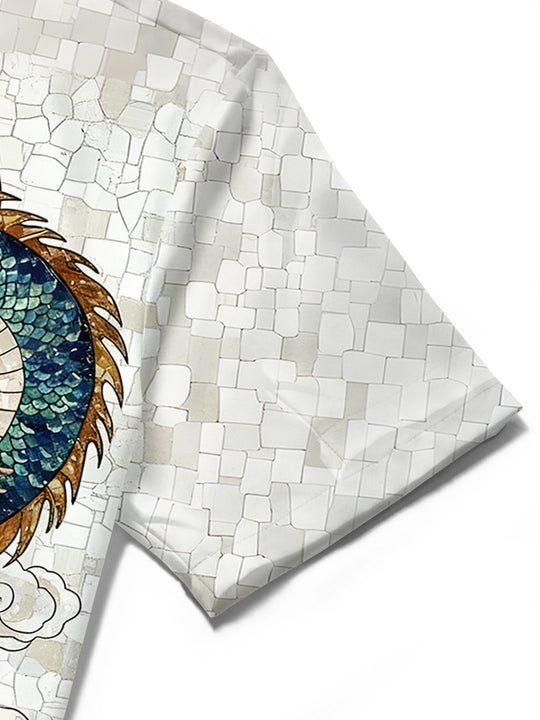 men's dragon print shirt close-up short sleeve
