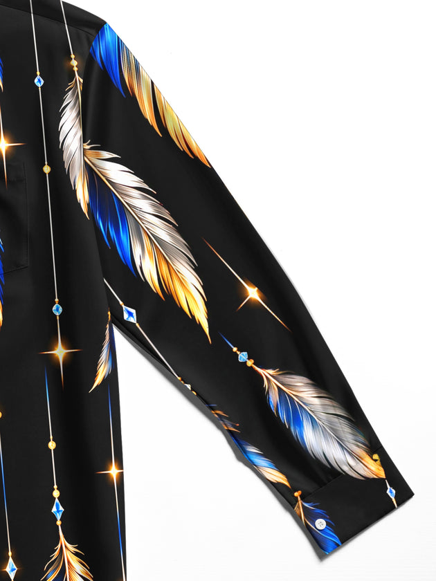Adaychic Men's Printed Feathers And Hanging Crystals Print Long Sleeve Shirt with Chest Pocket