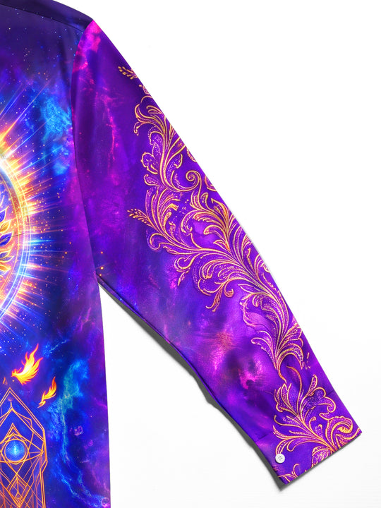 Adaychic Men's Graphic Tree Of Life And Phoenix Print Long Sleeve Shirt with Chest Pocket