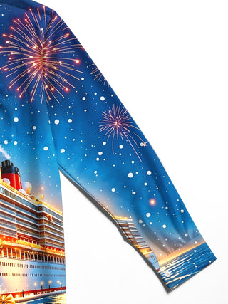 Adaychic Men's Graphic Christmas Cruise Ship Print Long Sleeve Shirt with Chest Pocket