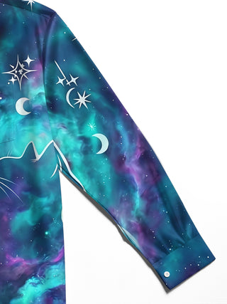 Adaychic Men's Graphic Cat Silhouette And Nebula Print Long Sleeve Shirt with Chest Pocket