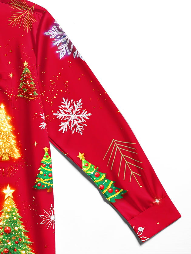 Adaychic Men's Printed Christmas Trees And Snowflakes Print Long Sleeve Shirt with Chest Pocket