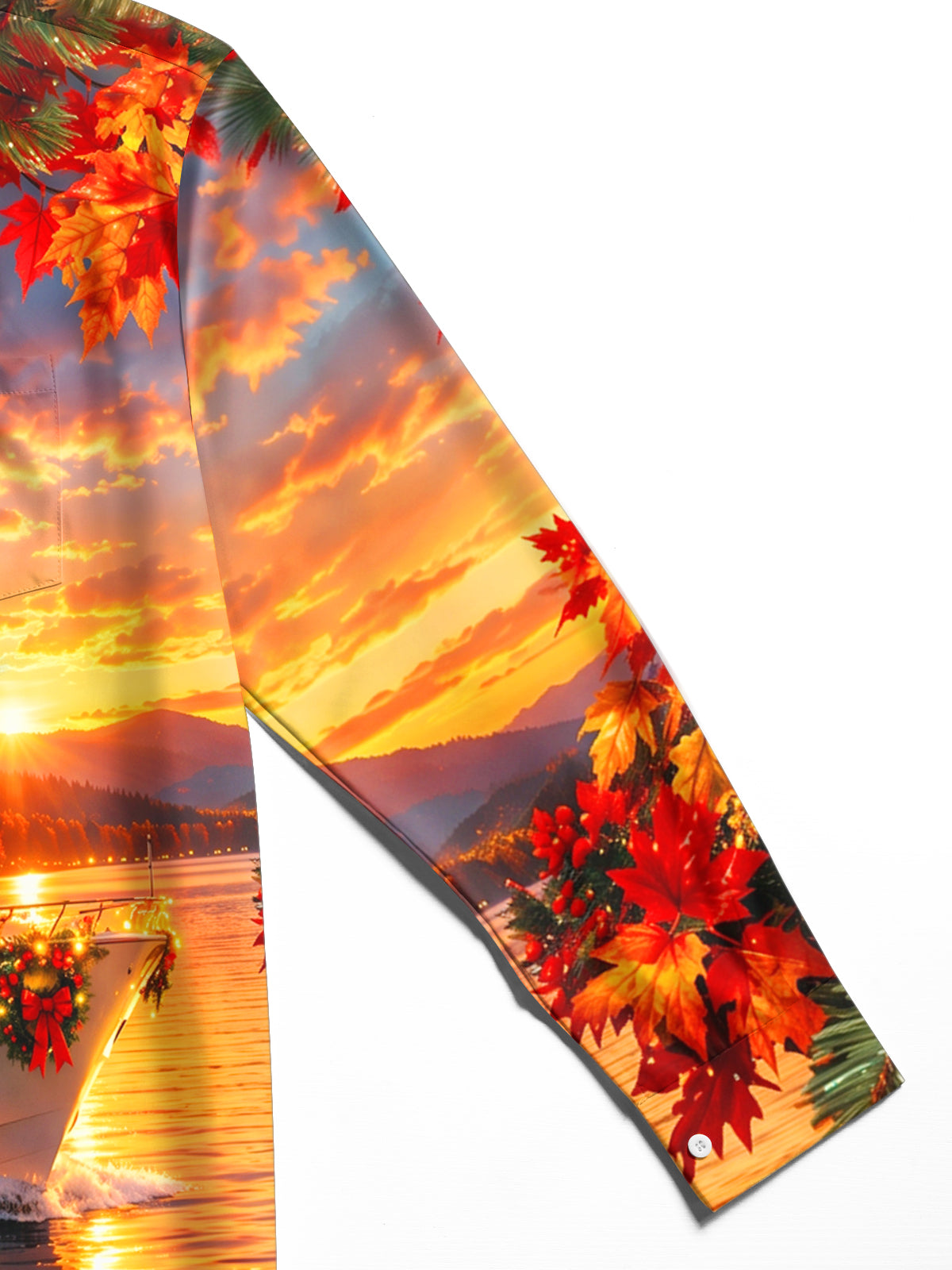 Adaychic Men's Short Sleeve Shirt - Cruise Ship With Christmas Wreath And Autumn Leaves Print with Chest Pocket