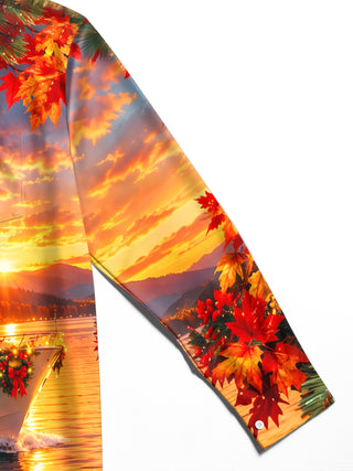 Adaychic Men's Short Sleeve Shirt - Cruise Ship With Christmas Wreath And Autumn Leaves Print with Chest Pocket