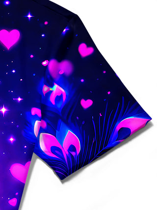 Adaychic Men's Hawaiian Neon Peacock Print Pink Hearts Print Short Sleeve Shirt with Chest Pocket
