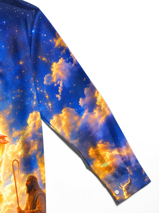 Adaychic Men's Angelic Figure With Shepherds And Sheep Print Long Sleeve Shirt with Chest Pocket