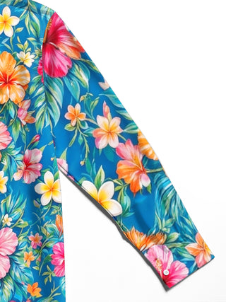 Adaychic Men's Tropical Hibiscus And Plumeria Flowers Print Long Sleeve Shirt with Chest Pocket