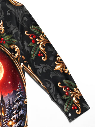 Adaychic Men's Long Sleeve Shirt - Christmas Gothic Castle And Snowy Pine Trees Under Full Moon Print with Chest Pocket