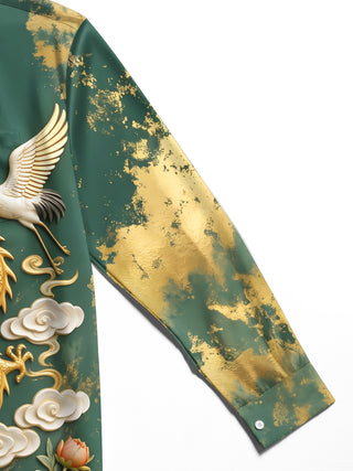 Adaychic Men's 3D Golden Dragon And Cranes Print Long Sleeve Shirt with Chest Pocket